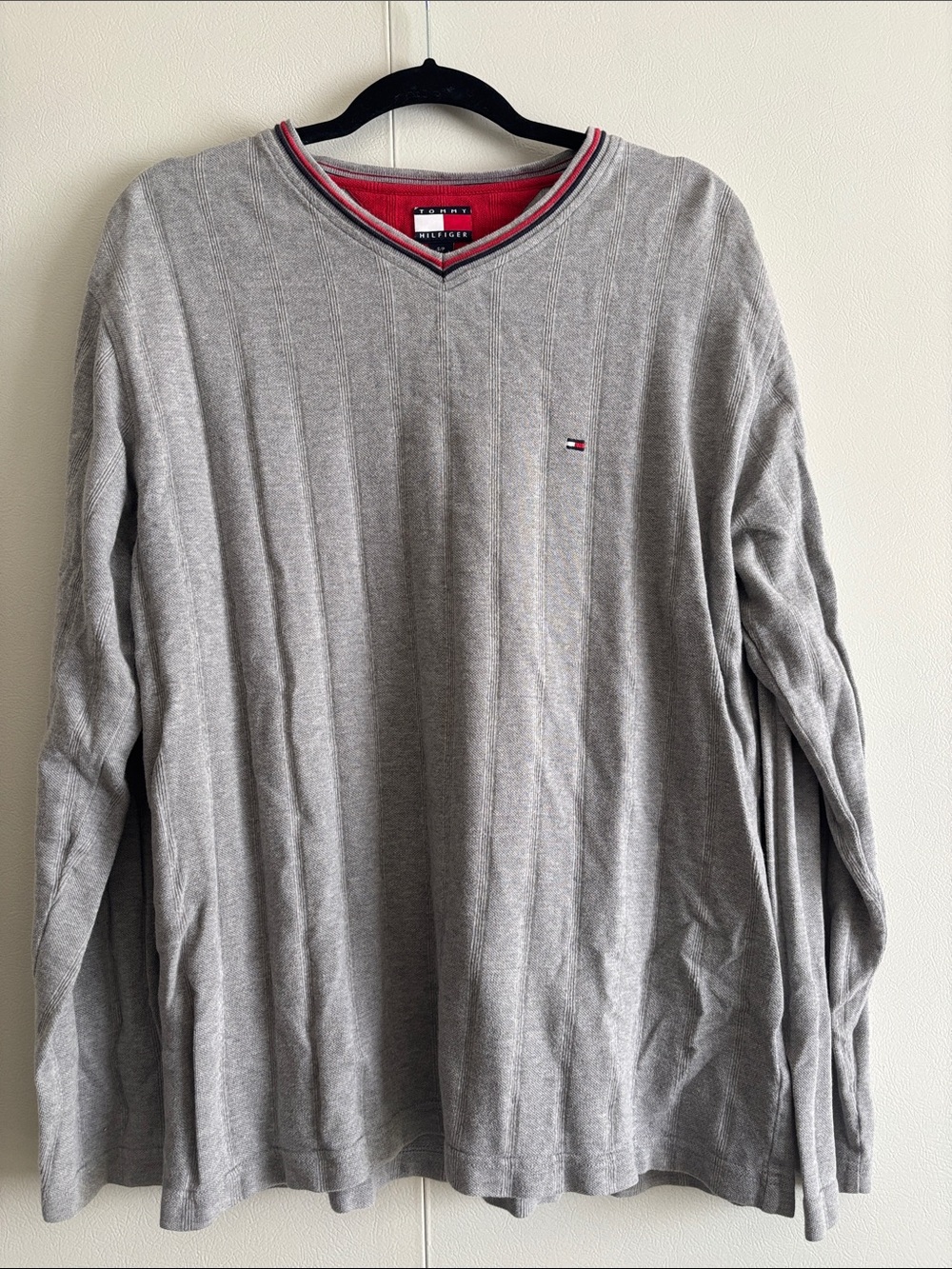 Tommy Hilfiger Light Gray V-Neck Sweater with Flag Detail